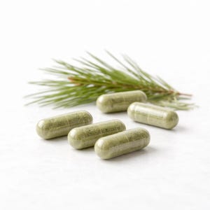 May include: Five green capsules are arranged on a white surface, with a sprig of green pine needles in the background. The capsules have a smooth, translucent appearance, suggesting a supplement or medication. The image has a clean, natural aesthetic.