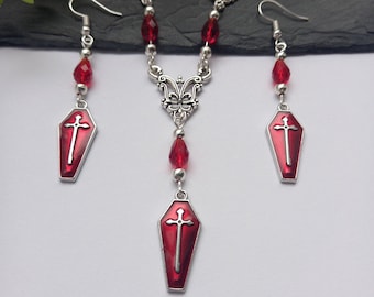 Red Gothic Vampire Coffin jewellery set, Gothic Jewellery Gifts, Vampire Gifts, Red Jewellery set, Adjustable Necklace