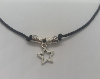 Star Choker Charm Necklace on Adjustable Cord, Star Necklace, Black Cord Necklace, Celestial Necklace