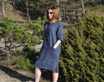 Leinen Kleid/Leinen Damen Kleid / blau-grau Farbe
