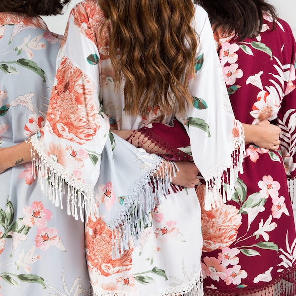 Bohemian Bridesmaid Robes | Boho Floral Fringed Kimono Bridesmaid Robes | Wedding Party Robe | Boho Tassel Robe | Floral Robe | Fringed Robe