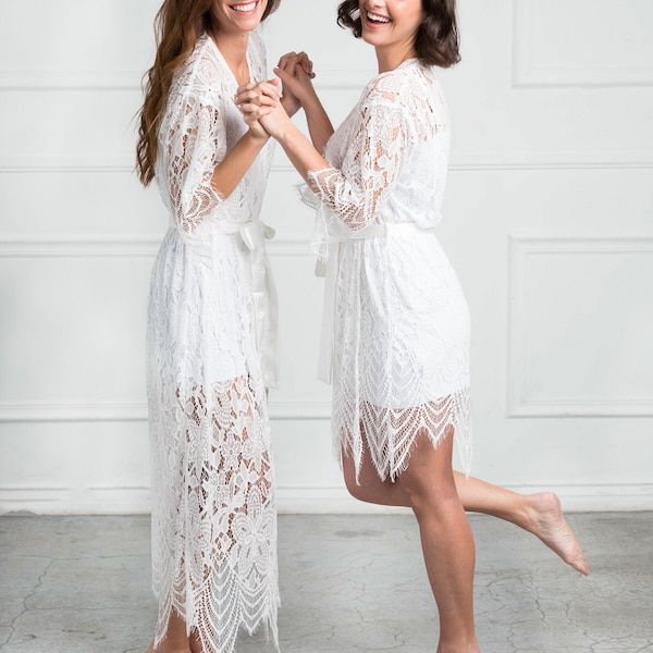 Full Length or Short Lace White Bridal Robe | Lacey Bridal Robes | Getting Ready Wedding Lace Robes | Bridal Party Robe | Bride Lace Robes