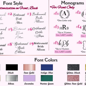 Może przedstawiać: Wykres przedstawiający r&oacute;żne style czcionek i opcje monogramu do personalizacji produktu. Style czcionek są ponumerowane od 1 do 9 i obejmują r&oacute;żne warianty tekstu "Bridesmaid, Bride, Allison". Opcje monogramu są ponumerowane od f1 do f6 i obejmują r&oacute;żne kombinacje liter i style. Wykres przedstawia r&oacute;wnież r&oacute;żne kolory czcionek, w tym biały, czarny, r&oacute;żowe złoto, indygo, czarny brokat, złoty brokat, złoty, srebrny, lawendowy, zielony myśliwski, r&oacute;żowe złoto brokatowe i srebrny brokat.