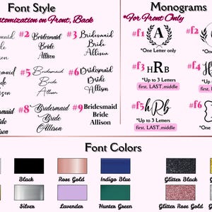 May include: A chart showing different font styles and monogram options for customizing a product. The font styles are numbered 1 through 9 and include different text arrangements for the words "Bridesmaid", "Bride", and "Allison". The monogram options are numbered f1 through f6 and include different letter arrangements and styles. The chart also shows different font colors, including white, black, rose gold, indigo blue, glitter black, glitter gold, gold, silver, lavender, hunter green, glitter rose gold, and glitter silver.