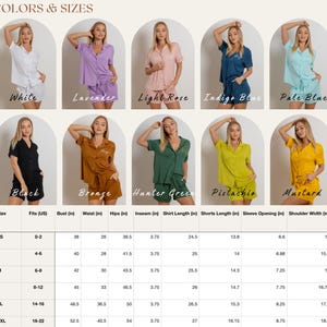 May include: Size chart for women's pajamas with different color options. The chart shows sizes XS to XXL with corresponding bust, waist, hip, inseam, shirt length, shorts length, sleeve opening, and shoulder width measurements in inches.