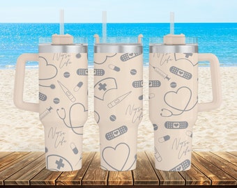 Laser Engraved Nurse Life Pattern 40 oz Stainless Steel Powder Coated Insulated Tumbler with Handle - Full Wrap Engraving - Personalized