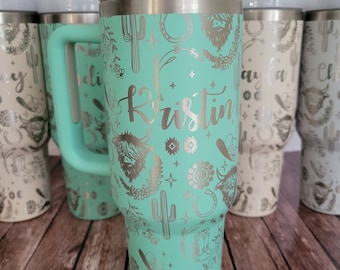Highland Cow Western Pattern Laser Engraved 40 oz Insulated Tumbler - Personalized