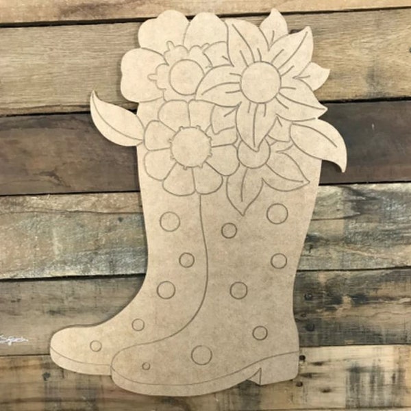 Unfinished DIY Wooden Rain Boots with Flowers Cutout - Paint Your own Spring Sign