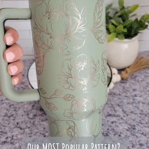Laser Engraved Peony Pattern 40 oz | 40oz  Stainless Steel Insulated Tumbler with Handle -  360 laser Engraved, Customize or Personalize it!