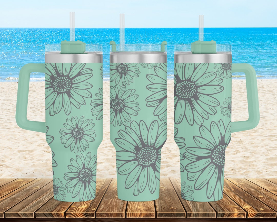 Engraved Daisies Pattern 40 Oz Stainless Steel Powder Coated Insulated  Tumbler With Handle Full Wrap Engraving Personalized 