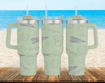 Engraved Volleyball Fan Pattern 40 oz Stainless Steel Powder Coated Insulated Tumbler with Handle - Full Wrap Engraving - Personalized