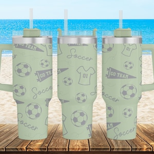 Laser Engraved Soccer Pattern 40 oz Stainless Steel Powder Coated Insulated Tumbler with Handle - Full 360 laser Engraving - Personalized