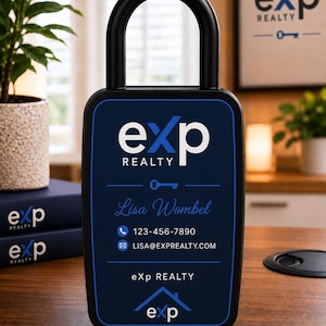 May include: A black padlock-shaped sign featuring the eXp Realty logo, the name Lisa Wombel, a phone number 123-456-7890, and the email address LISA@EXPREALTY.COM. The design includes a blue border, a key icon, and the eXp Realty text at the bottom.