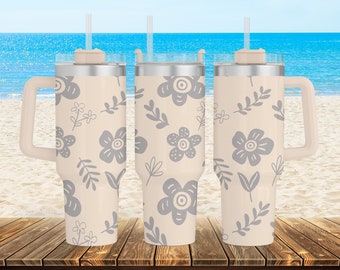 Engraved Daisy's floral Pattern 40 oz Stainless Steel Powder Coated Insulated Tumbler with Handle - Full Wrap Engraving - Personalized