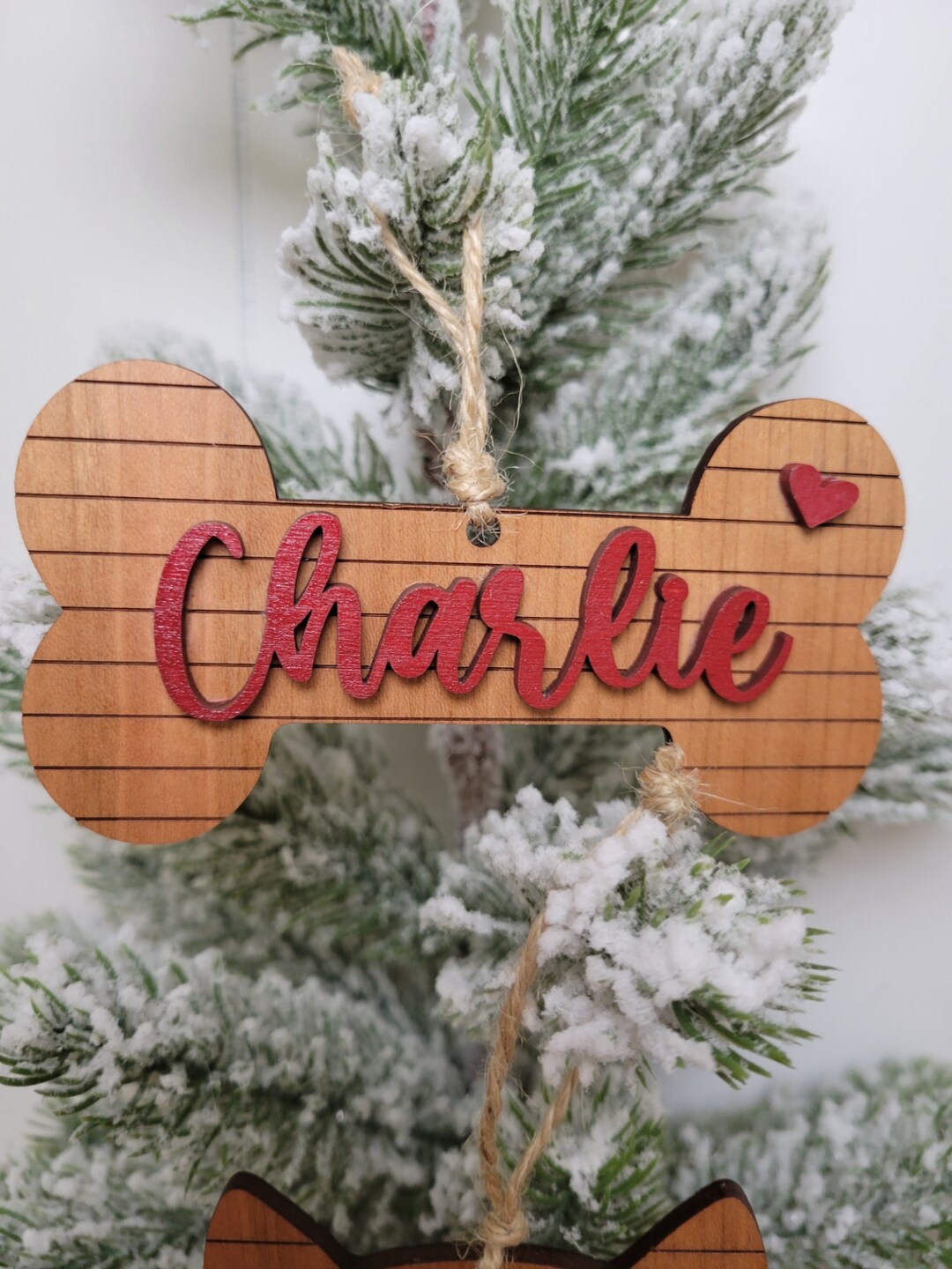 Personalized Wooden Cherry Wood Dog Bone & Kitty Cat Christmas