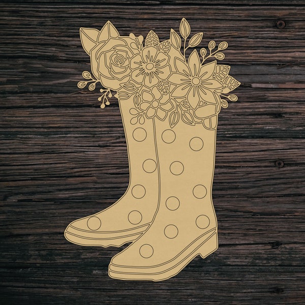 Unfinished DIY Wooden Rain Boots with Flowers Cutout - Paint Your own Wooden Sign