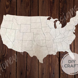 May include: A light-colored map of the United States with state lines, set against a dark brown wood background. The map is a DIY craft project, as indicated by the text "DIY CRAFT" in a white circle. The words "Honey Signs" are also visible.