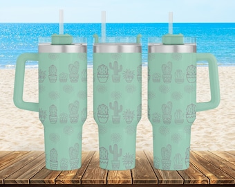 Laser Engraved Cactus Pattern 40 oz Stainless Steel Powder Coated Insulated Tumbler with Handle - Full 360 Engraving - Personalized