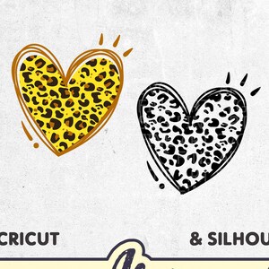 May include: Two digital cut files of a leopard print heart. One heart is yellow and black, the other is white and black. The text "FOR CRICUT & SILHOUETTE FINE Art SVG" is displayed above the hearts.