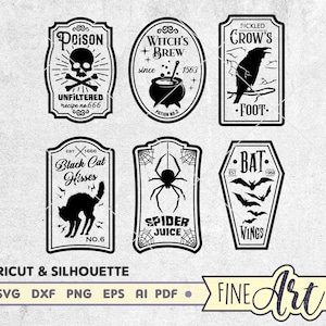 May include: Six black and white Halloween themed SVG cut files. The designs include a poison bottle, a witch's brew cauldron, a crow's foot, a black cat, a spider, and a bat in a coffin.