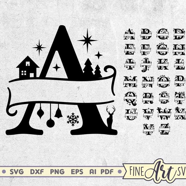 Weihnachten Split Alphabet SVG, Weihnachtsmonogramm SVG, Weihnachtssvg Schnittdateien, 26 Weihnachtsgroßbuchstaben, Dateien für Cricut & Silhouette