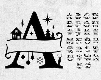 Christmas Split Alphabet SVG, Christmas Monogram Svg, Christmas Svg Cut Files, 26 Christmas Capital Letters, Files for Cricut & Silhouette