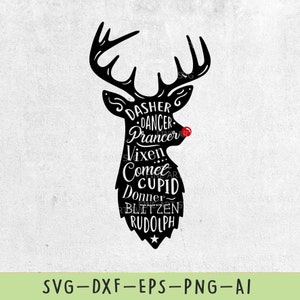 Disegno SVG renna di Natale, file SVG Rudolph, SVG maglietta di Natale, file di taglio SVG renna per Cricut, SVG vacanze di Natale, dxf png eps