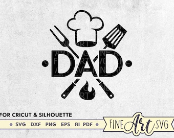 May include: Black and white silhouette design of a chef's hat, crossed grilling utensils, and the word "DAD" with a dot on each side. The design is for Cricut and Silhouette cutting machines.  SVG, DXF, PNG, EPS, AI, and PDF file formats are included.