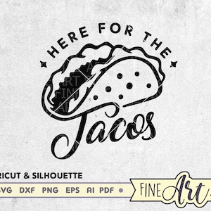 K&ouml;nnte beinhalten: Schwarzwei&szlig;es Grafikdesign eines Tacos mit dem Text "Here for the Tacos".