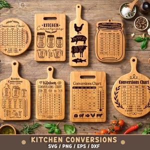 May include: A collection of wooden kitchen conversion charts and cutting boards with engraved measurements and illustrations. The boards are in various shapes, including round and rectangular, and feature conversion tables for cups, ounces, and other cooking units.