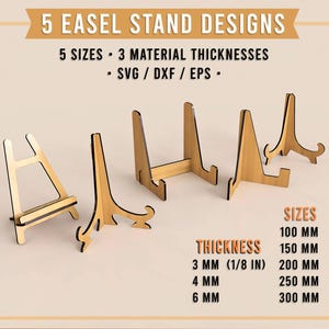 Könnte beinhalten: Das Bild zeigt fünf Holzstaffelei-Designs mit Text, der 5 Größen, 3 Materialstärken und SVG/DXF/EPS-Dateiformate angibt. Die Größen reichen von 100 mm bis 300 mm, mit Stärken von 3 mm, 4 mm und 6 mm. Die Staffeleien sind aus Holz gefertigt.