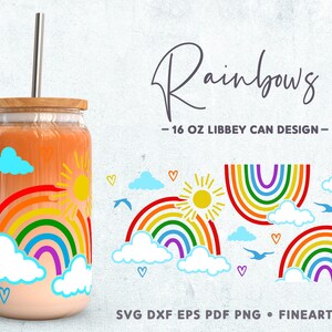 Puede incluir: Un diseño de lata Libbey de 473 ml con un arcoíris, nubes y un sol. El diseño es perfecto para un vaso o una taza.