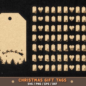 Könnte beinhalten: Weihnachtsgeschenkanhänger aus Kraftpapier mit verschiedenen ausgeschnittenen Designs, darunter Herzen, Bäume, Häuser und Rentiere. Ein großes Etikett zeigt eine Silhouette des Weihnachtsschlittens. Der Text "CHRISTMAS GIFT TAGS" befindet sich unten.