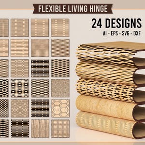 Op de afbeelding: Afbeelding met 24 flexibele living hinge-ontwerpen in lichtbruin. De afbeelding bevat de tekst "FLEXIBLE LIVING HINGE" en "24 DESIGNS" met bestandstype-opties. Er worden verschillende voorbeelden van de scharnieren getoond.