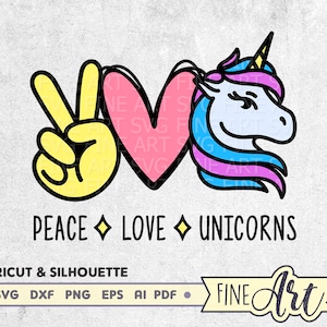 Peace Love Unicorns SVG File, Cricut svg cut file, Unicorn party clipart, Girl shirt svg design, Svg Dxf Eps Png Ai, Instant Download