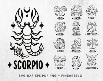 Zodiac Signs Line Art SVG: Astrology Clipart (Digital Files)