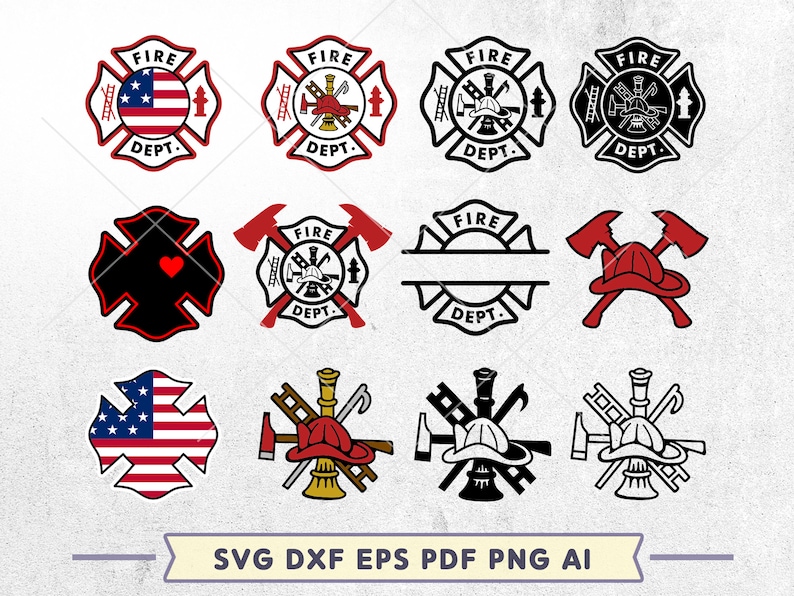 May include: A set of 10 black and white SVG cut files featuring different variations of a fire department logo. The logos include a fire hydrant, an axe, a ladder, a helmet, and the words "FIRE DEPT."