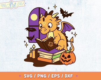 Cute Halloween Dragon Reading Clipart: SVG PNG Files (Digital Download)