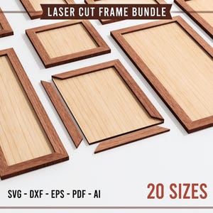 Puede incluir: Una colección de marcos de madera cortados con láser en varias formas rectangulares y cuadradas, con centros de madera clara y bordes de madera oscura. El texto LASER CUT FRAME BUNDLE y 20 SIZES SVG - DXF - EPS - PDF - AI es visible.