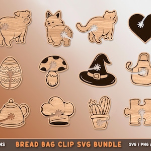 May include: A collection of wooden bread bag clips in various shapes, including a pig, dog, cat, heart, Easter egg, mushroom, witch hat, apron, teapot, chef's hat, cactus, and puzzle piece. The text "24 DESIGNS BREAD BAG CLIP SVG BUNDLE" is at the bottom.