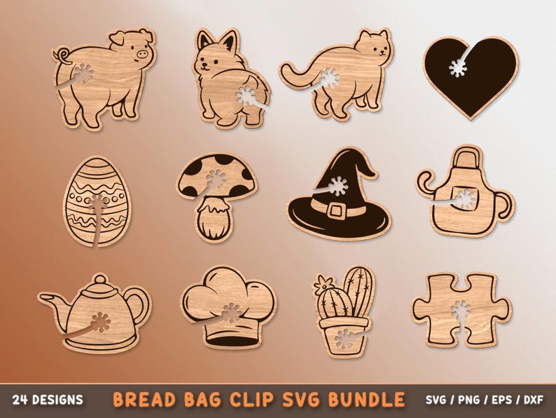 May include: A collection of wooden bread bag clips in various shapes, including a pig, dog, cat, heart, Easter egg, mushroom, witch hat, apron, teapot, chef's hat, cactus, and puzzle piece. The text "24 DESIGNS BREAD BAG CLIP SVG BUNDLE" is at the bottom.
