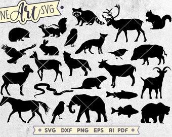 森の動物たち SVG バンドル: 24 種類の動物シルエット、Cricut および Glowforge カットファイル (デジタルダウンロード)