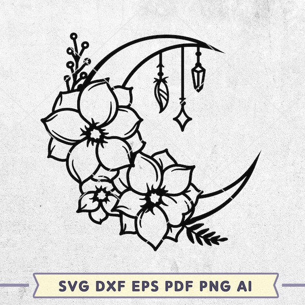 Boho Floral Moon SVG: Crescent Moon Cut File (Digital Download)