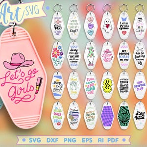 Paquete SVG de llavero de motel retro, citas sarcásticas en formato SVG, frases divertidas en formato PNG, llavero vintage, archivos de corte para Cricut Silhouette Glowforge