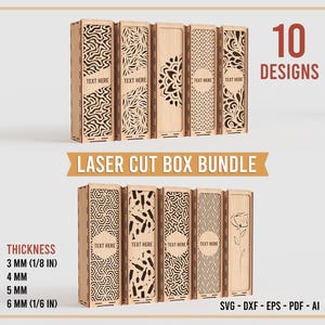 Pode incluir: Um conjunto de caixas cortadas a laser com 10 designs de caixas retangulares de madeira com padrões e recortes complexos. O texto "10 DESIGNS", "LASER CUT BOX BUNDLE" e "THICKNESS 3 MM 4 MM 5 MM 6 MM" é visível com formatos de arquivo.