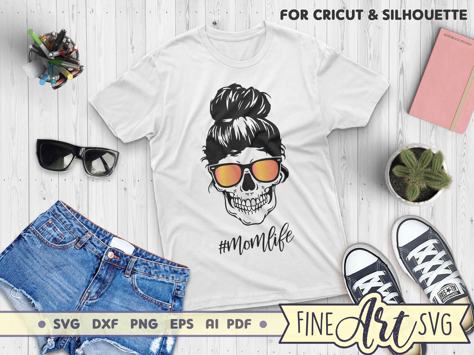 Download Momlife Skull SVG Cut File Messy Bun Skull With Sunglasses ...
