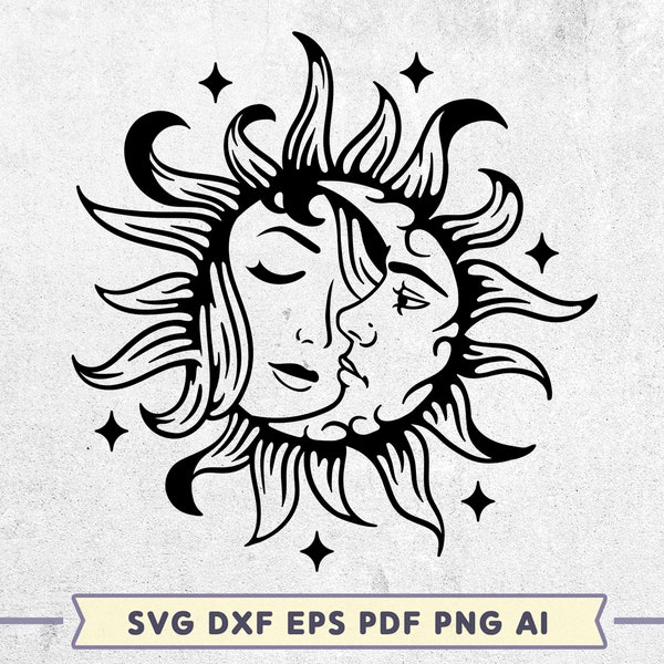 Sun and Moon SVG, Boho lovers svg, Mystical sign svg, Witchcraft design, Eps Pdf Png Dxf vector cut file, Celestial Sun svg, Witch shirt svg