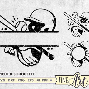 Monogram Baseballa SVG, Podzielony plik ramki monogramu SVG, Cricut Silhouette Cut Files, Baseball Helmet Glove Ball Bat, Svg Dxf Eps Png Pdf Ai