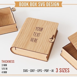 May include: A light-colored wooden book-shaped box with a latch, featuring the text 'YOUR TEXT HERE' on the cover. The design includes an open box, a closed box, and a partially open box. Text indicates a thickness of 3 mm, 1/8 in, and 4 mm.