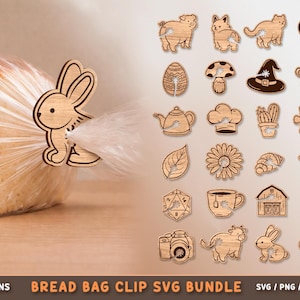 May include: A wooden bunny bread bag clip securing a clear plastic bag of bread. The image also displays 24 other wooden cut-out designs, including animals, food items, and other shapes. The text "BREAD BAG CLIP SVG BUNDLE" is at the bottom.